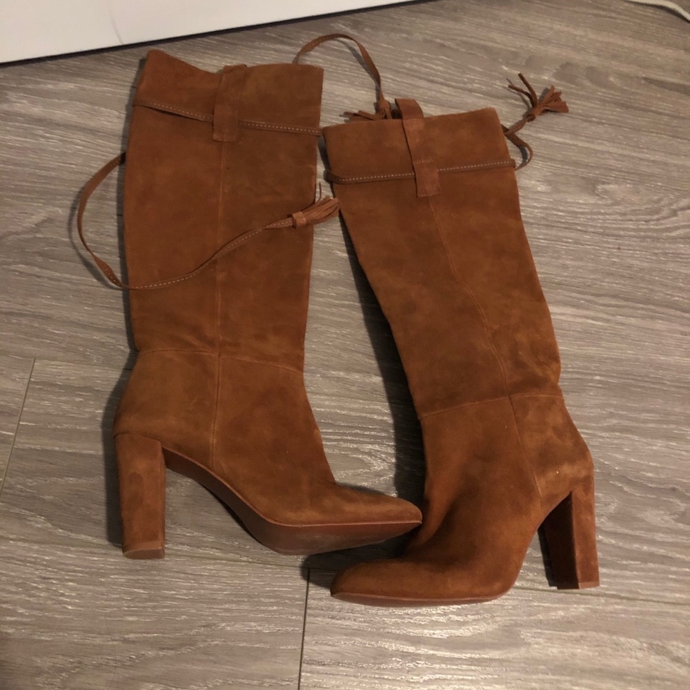 Zara Suede High Heel Boots with Zipper and Tie